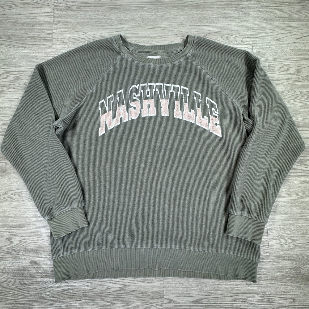Altar'd State Women's Sweatshirt Nashville Sequined Corded Ribbed Green Small